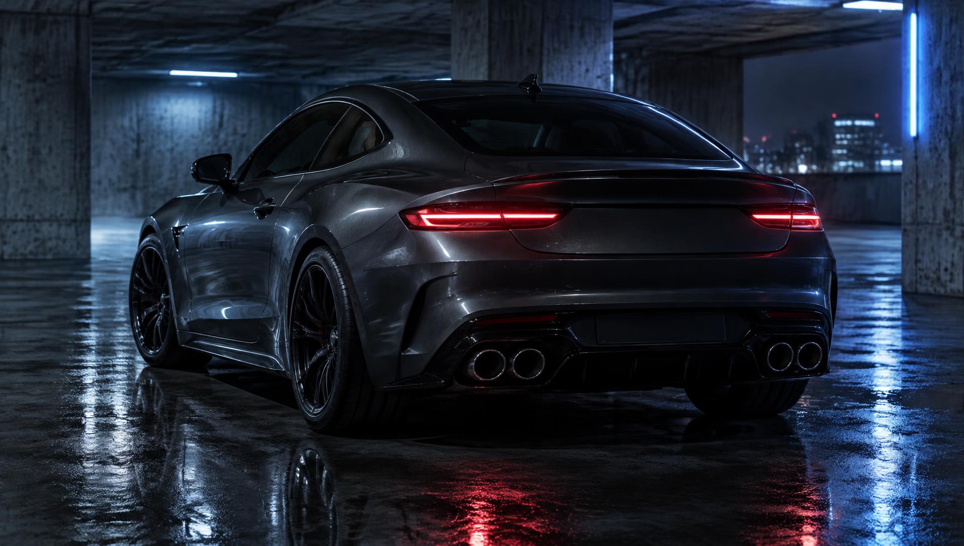Rear view of a dark sport coupe in a night-lit garage